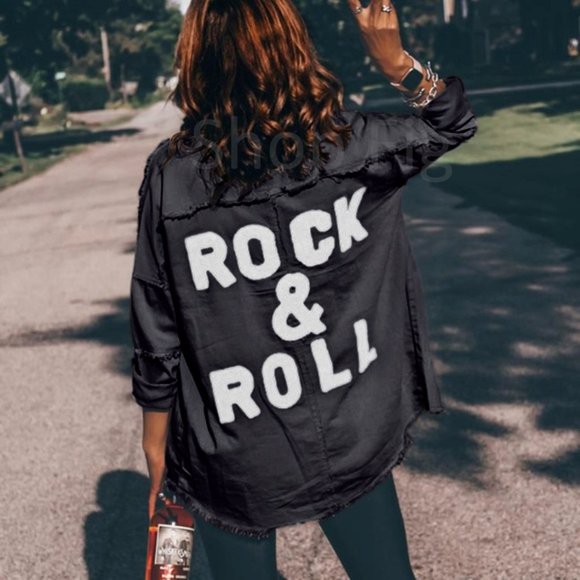Shop Fig Jackets & Blazers - New Black Rock and Roll Distressed Shacket Denim Jacket Coat